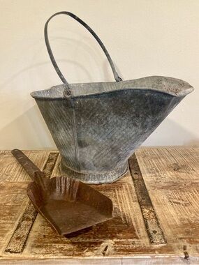 Vintage Galvanized Metal Coal Scuttle Bucket and Shovel Scoop Set Distressed